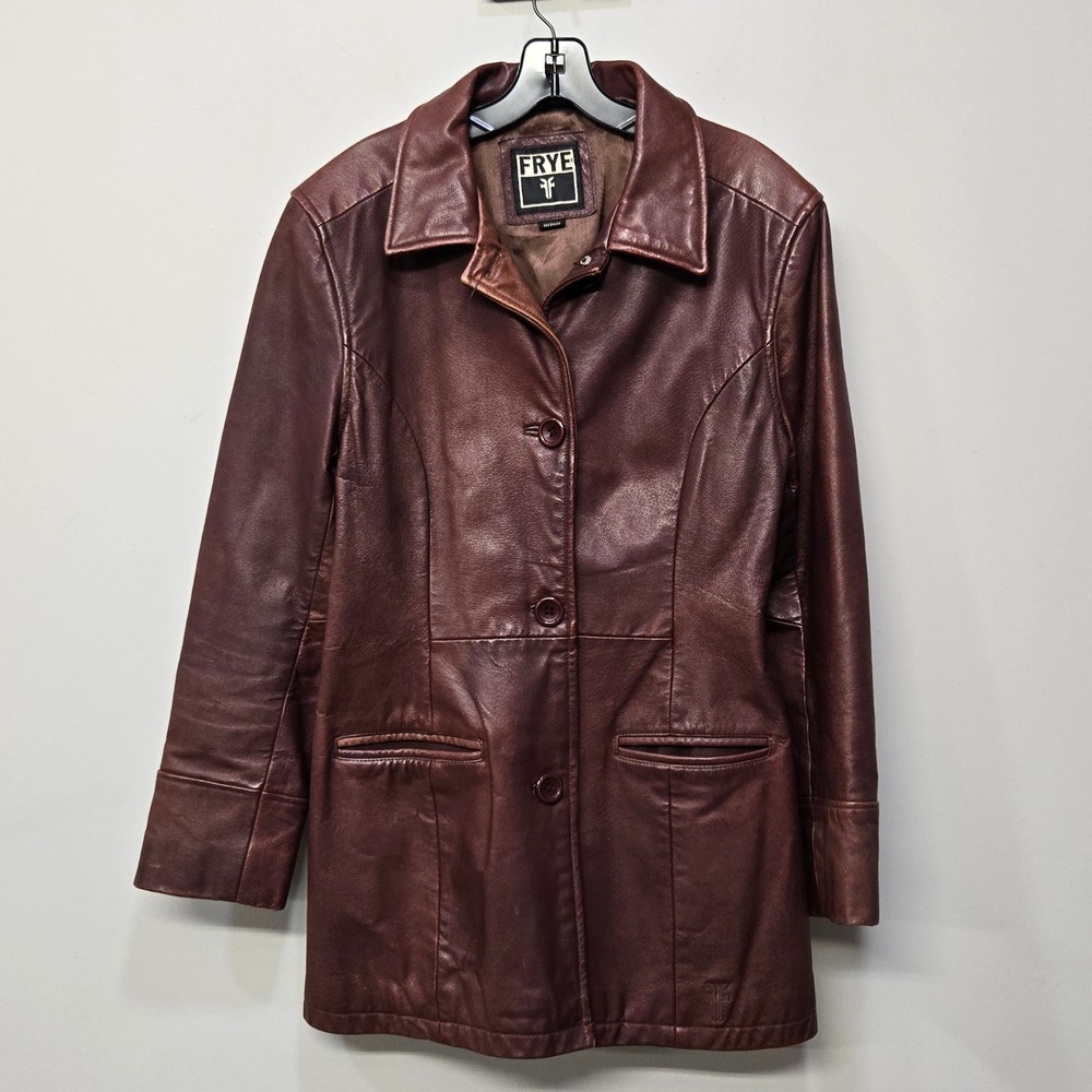 Vintage 90s Y2K Frye Leather Jacket Coat Medium Brown Button Front Hippie Rocker